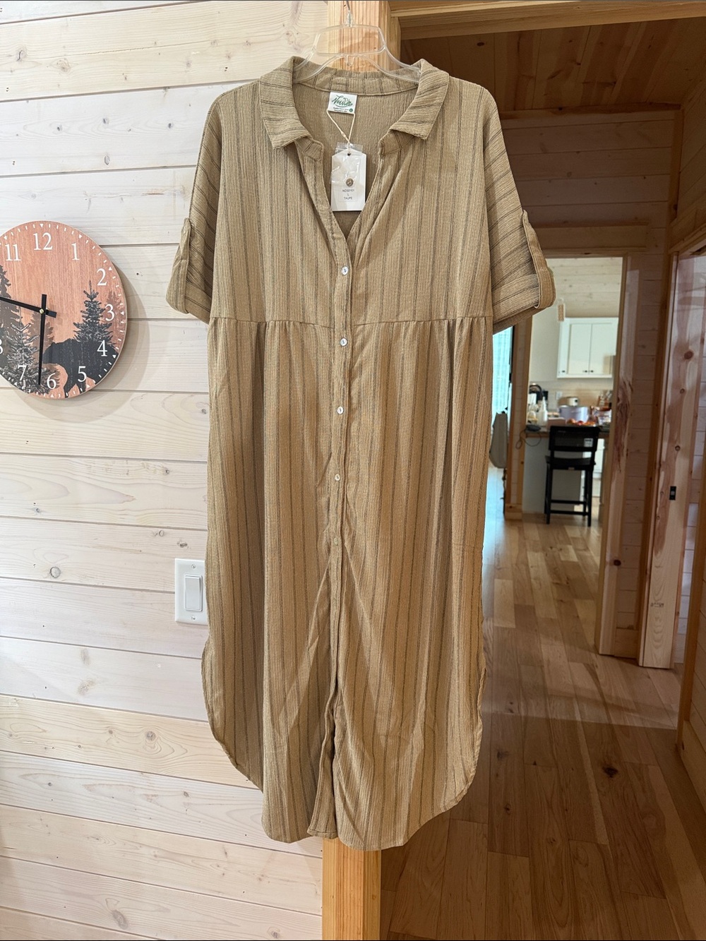 Relaxed Tan Striped Midi Shirt Dress by Unknown Brand